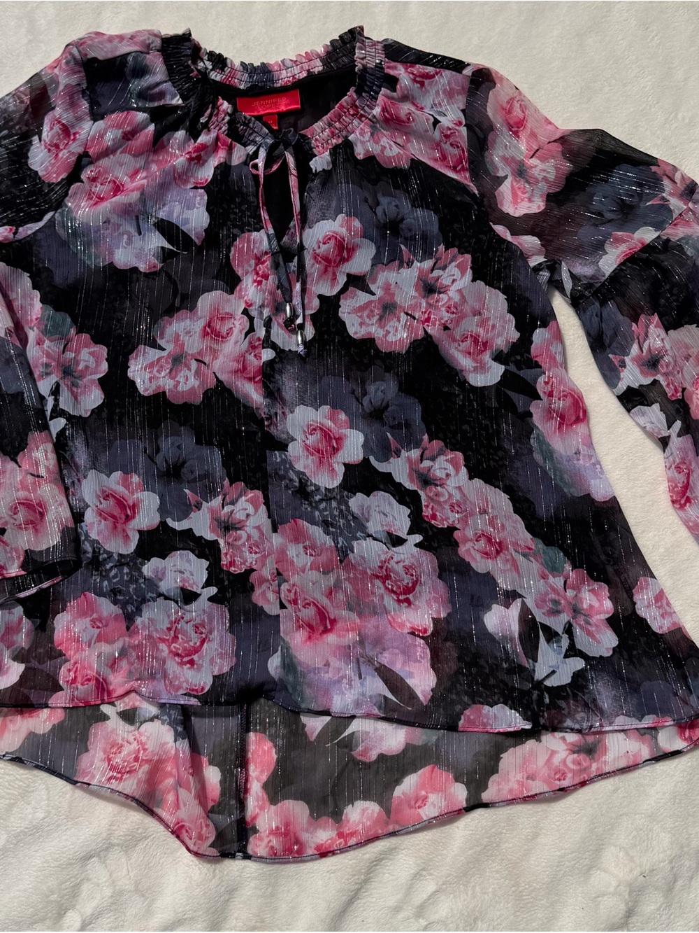 Jennifer Lopez Pink Floral Sheer Tie-Neck Blouse on Black